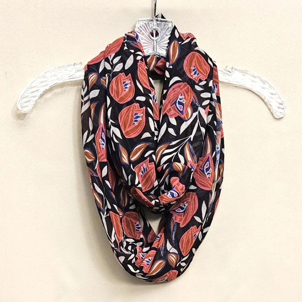 Daniel Rainn Black Floral Infinity Scarf with Coral & Blue Accents
